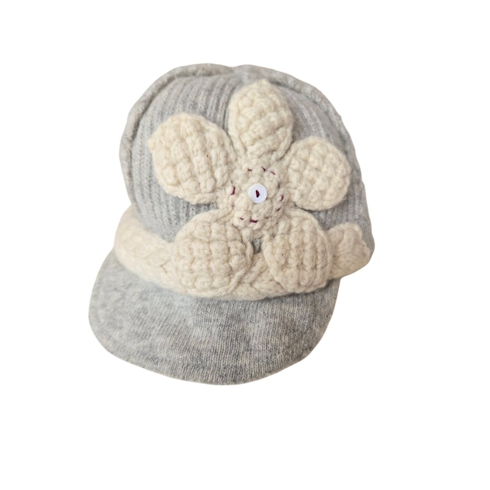 Field Flower Gray Lambswool Crochet Flower Newsboy Hat Girls Cottage Whimsical